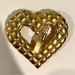 Vtg Women’s Heart Shaped Brooch / Pin w/ Lipstick Rhinestones Costume Jewelry